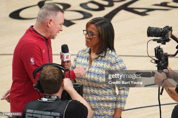 Reporter Lisa Salters interviews Head Coach Michael Malone of the Denver Nuggets during Game 2 of the 2023 NBA Playoffs Western Conference Finals...