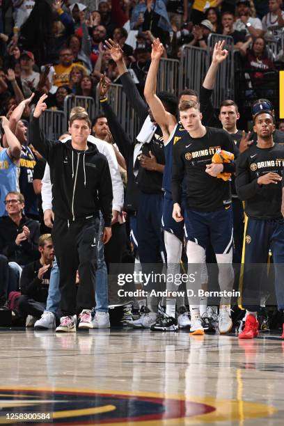 The Denver Nuggets bench reacts during Game 2 of the 2023 NBA Playoffs Western Conference Finals against the Los Angeles Lakers on May 18, 2023 at...