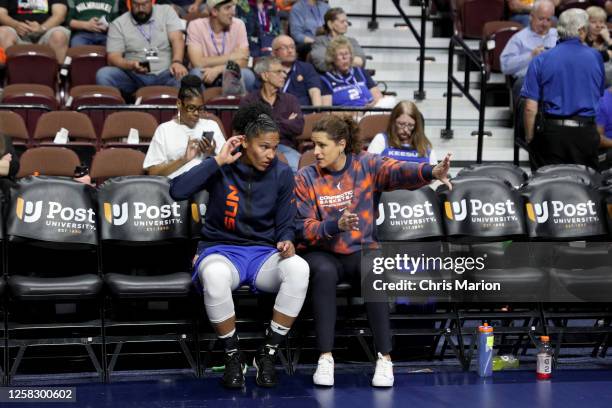 Alyssa Thomas of the Connecticut Sun talks with Head Coach Stephanie White of the Connecticut Sun during the game against the Indiana Fever on May...