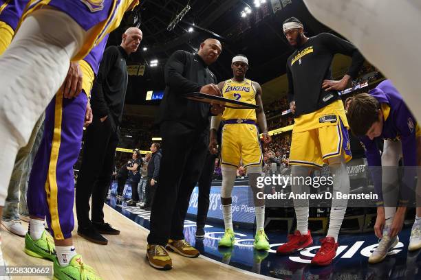 Head Coach Darvin Ham of the Los Angeles Lakers draws up a play during Game 2 of the 2023 NBA Playoffs Western Conference Finals against the Denver...