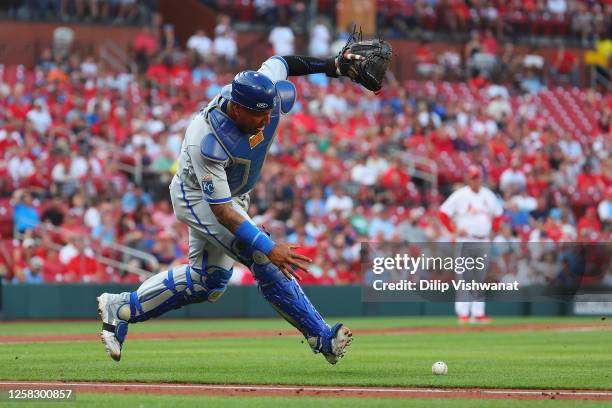 Salvador Perez of the Kansas City Royals fields a ground ball against the St. Louis Cardinals in the first inning at Busch Stadium on May 30, 2023 in...