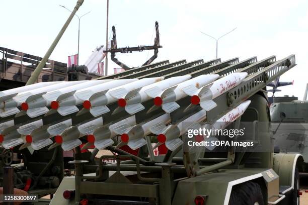 Military ammunition, missiles with the inscription for the motherland seen on a military truck at an exhibition in the Patriot Park. Patriot Park is...