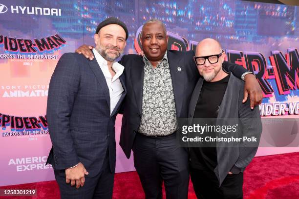 Joaquim Dos Santos, Kemp Powers and Justin K. Thompson at the premiere of "Spider-Man: Across the Spider-Verse" held at Regency Village Theatre on...