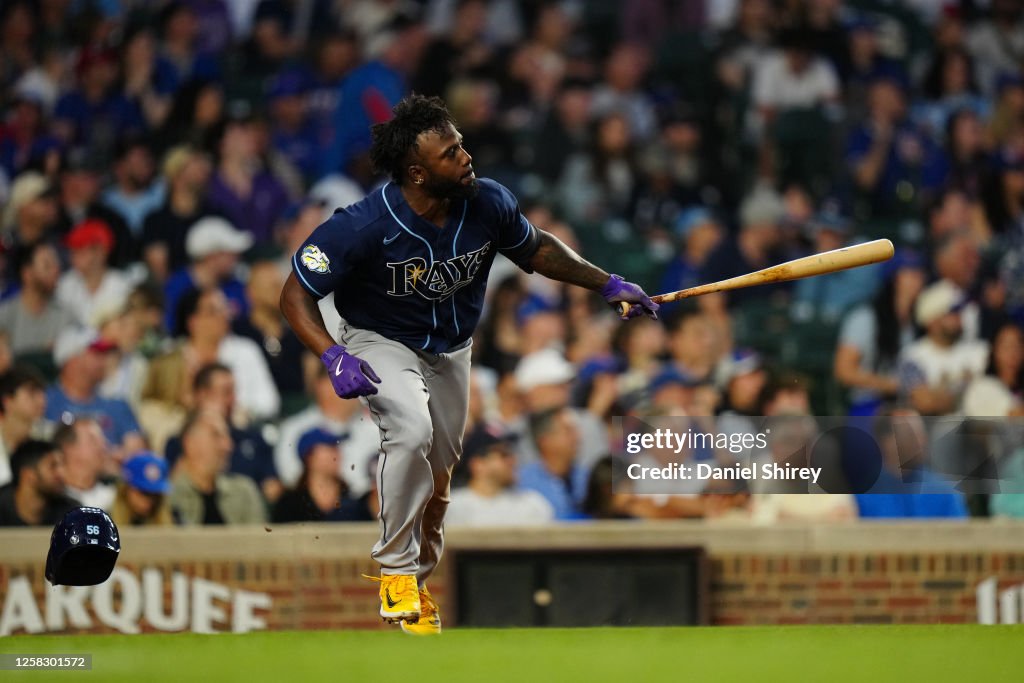 Chicago Rays Randy Arozarena of the Tampa Bay Rays hits a single during the fifth ...