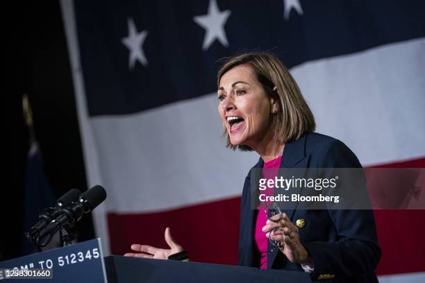 Kim Reynolds, governor of Iowa, speaks during a campaign kickoff event for Ron DeSantis, governor of Florida, in Clive, Iowa, US, on Tuesday, May 30,...
