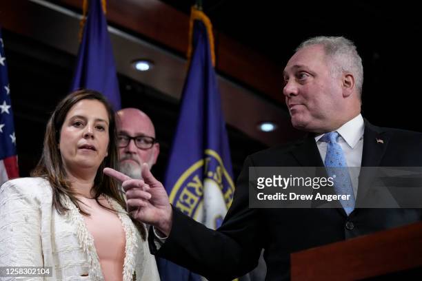 Conference chair Rep. Elise Stefanik and House Majority Leader Steve Scalise speak during a news conference after a House Republican Caucus meeting...