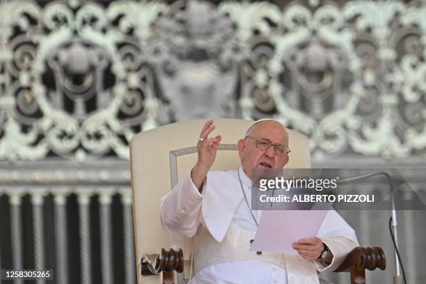 Pope Francis delivers a speech during his weekly general audience at St. Peter's square in the Vatican on May 31, 2023.
