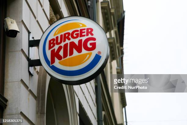Burger King logo seen on the street in the main square on May 24, 2023 in Krakow, Poland.
