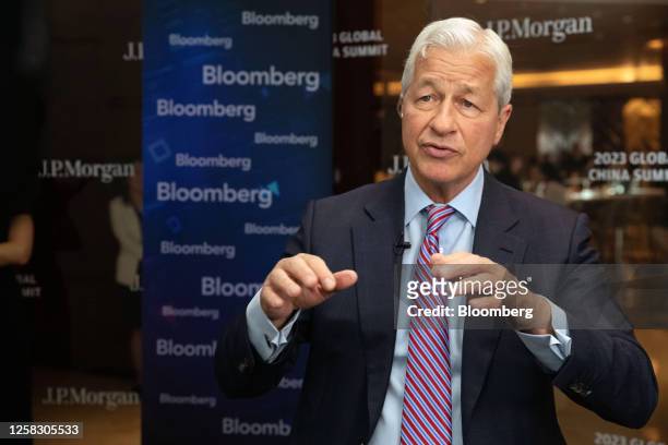 Jamie Dimon, chairman and chief executive officer of JPMorgan Chase & Co., during a Bloomberg Television interview on the sidelines of the JPMorgan...