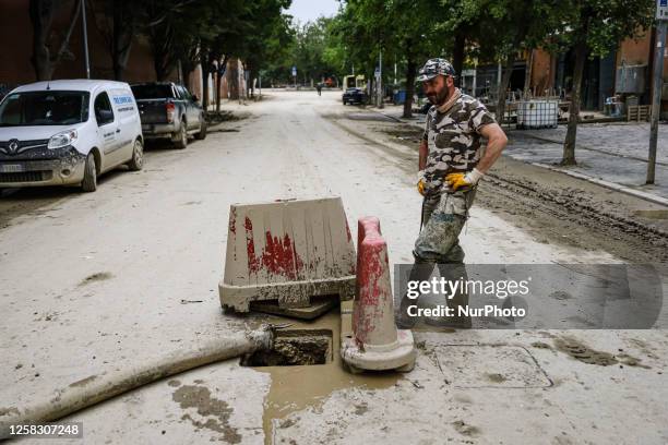 General view of volunteers at work and the flood damage in Emilia Romagna on May 31, 2023 in Faenza, Italy