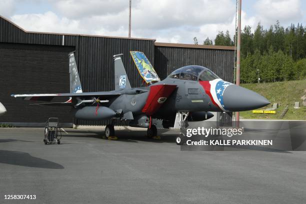 An United States Air Force F-15 fighter jet is pictured during Arctic Challenge Exercise 23 live air operations drill in Pirkkala near Tampere,...