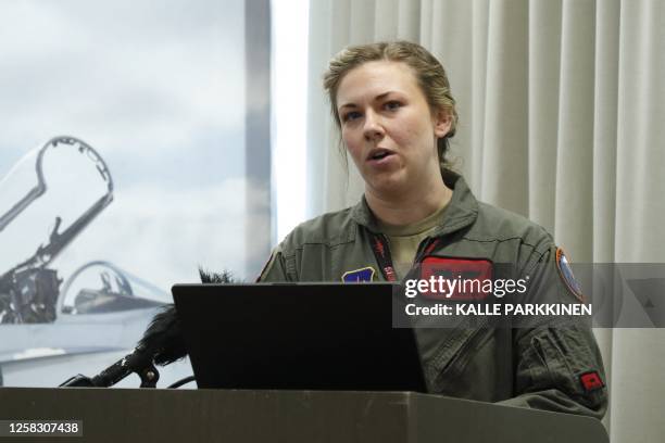 Captain Lacie Hester of US speaks during Arctic Challenge Exercise 23 live air operations drill in Pirkkala near Tampere, Finland on May 31, 2023....