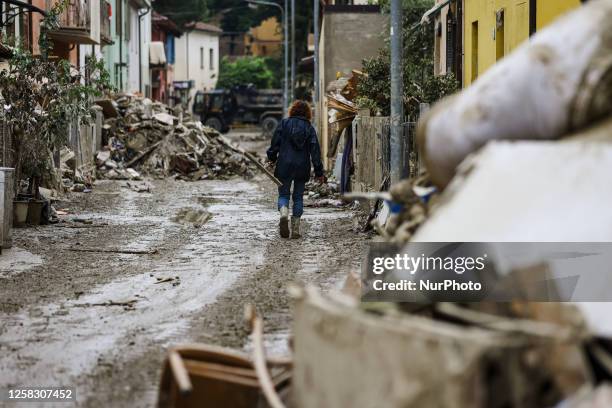 General view of volunteers at work and the flood damage in Emilia Romagna on May 31, 2023 in Faenza, Italy