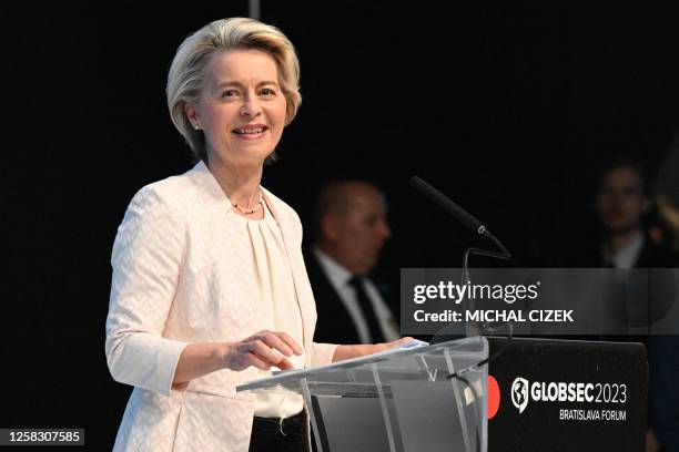 President of the European Commission Ursula von der Leyen speaks at the Globsec's regional security forum in Bratislava, Slovakia, on May 31, 2023.