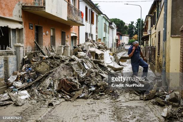 General view of volunteers at work and the flood damage in Emilia Romagna on May 31, 2023 in Faenza, Italy