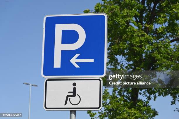 May 2023, North Rhine-Westphalia, Düren: Handicapped parking space, also called disabled parking space, a special, often barrier-free, parking...