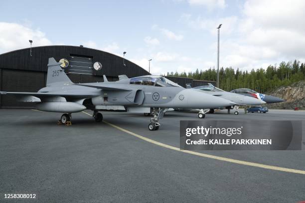 Gripen fighter aircraft of the Swedish Air Force is pictured during Arctic Challenge Exercise 23 live air operations drill in Pirkkala near Tampere,...