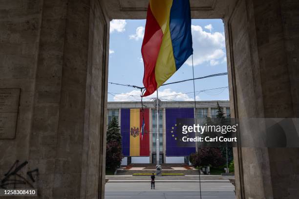 The Moldovan and European Union flags are displayed on the Government House of Moldova on May 31, 2023 in Chisinau, Moldova. Moldova is due to host...