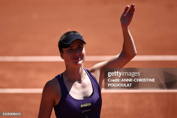 Ukraine's Elina Svitolina celebrates her victory over Australia's Storm Hunter during their women's singles match on day four of the Roland-Garros...