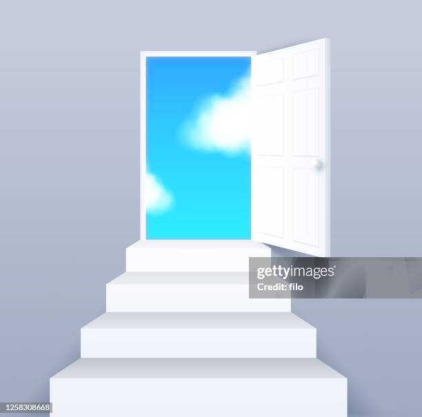 open cloud door - heaven stairs stock illustrations