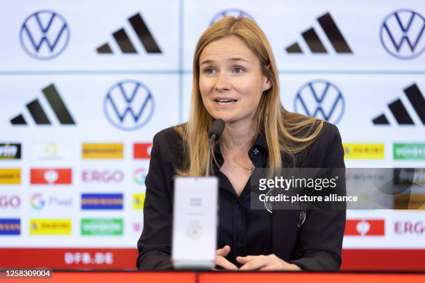 May 2023, Hesse, Frankfurt am Main: Soccer: Women, national team, Germany, press conference with announcement of the preliminary World Cup squad at...