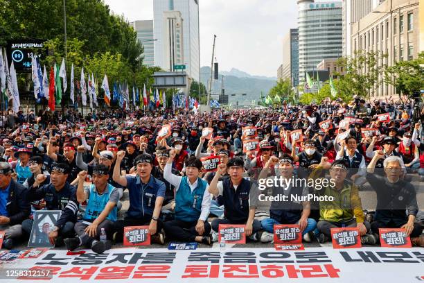 Members from the Korean Confederation of Trade Unions participate in a protest against of the government's labor policies on May 31, 2023 in Seoul,...