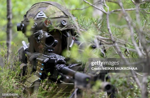 Finnish soldier is pictured during a Finnish Army field training exercise Sapeli 23 led by the Guard Jaeger Regiment in Porvoo, east of Helsinki,...