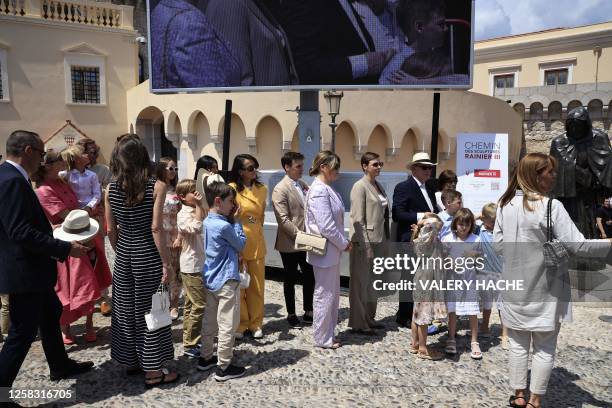 Princess Charlene of Monaco, Prince Albert II of Monaco and royal family members arrive for the inauguration of the sculpture walk during...