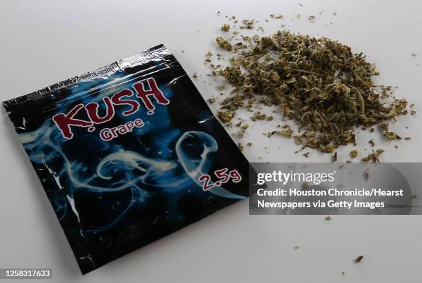 Three packages of Kush, which is basically synthetic marijuana sold in some smoke shops and other stories in Houston and other parts of the United...