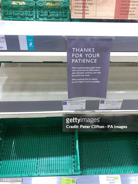 General view of empty shelves at a Waitrose store in Maidenhead, as the upmarket grocer has apologised to customers after IT issues left shelves bare...