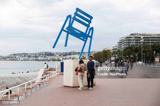 The Blue Chair sculpture at the Promenade des Anglais in Nice, France on May 29, 2023.
