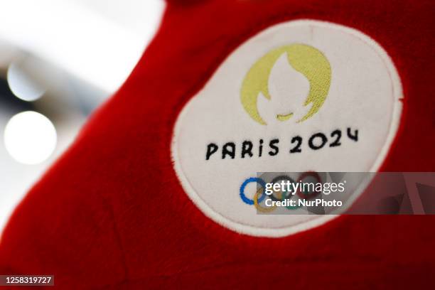 Paris 2024 Olympics logo is seen on the mascott in a store in Nice, France on May 29, 2023.