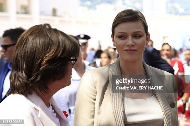 Stephanie of Monaco and princess Charlene of Monaco arrive for the inauguration of the sculpture walk as part of the celebrations to mark the birth...