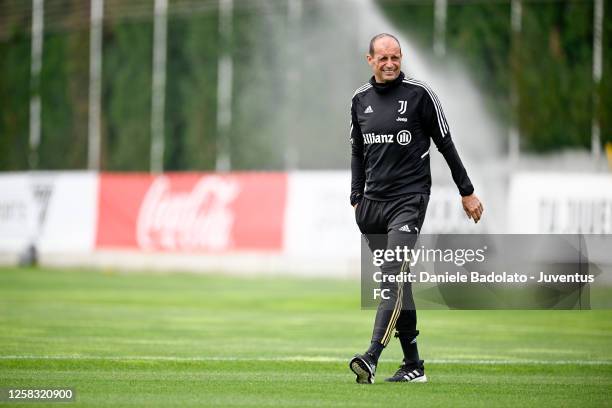 Massimiliano Allegri of Juventus during a training session at JTC on May 31, 2023 in Turin, Italy.