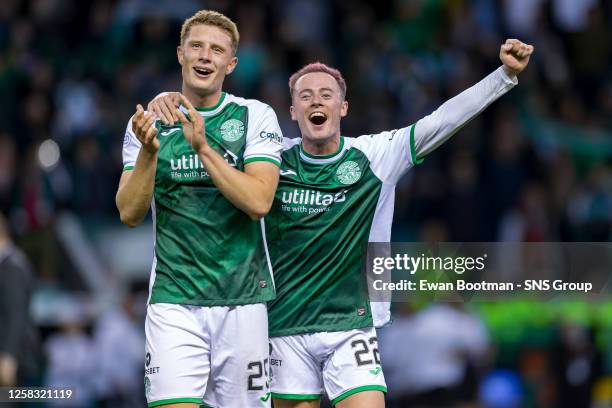 Hibernian's Will Fish and Harry McKirdy celebrate at full time during a cinch Premiership match between Hibernian and Celtic at Easter Road, on May...