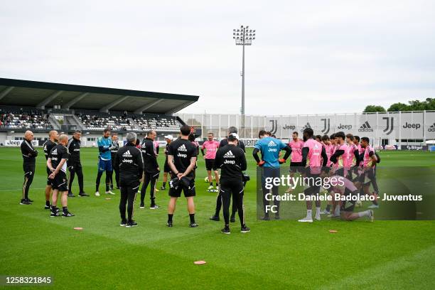 Massimiliano Allegri of Juventus during a training session at JTC on May 31, 2023 in Turin, Italy.