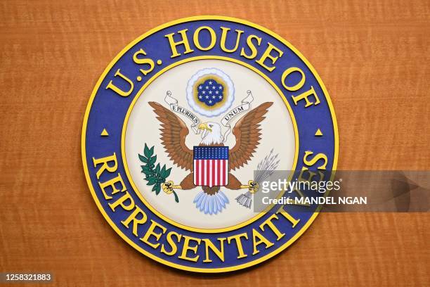 The seal of the House of Representatives is seen at the US Capitol in Washington, DC on May 31, 2023.