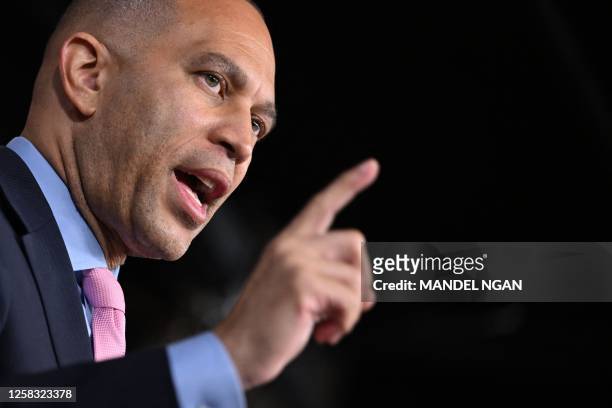 House Minority Leader Hakeem Jeffries speaks following a meeting with the House Democratic Caucus on the Fiscal Responsibility Act of 2023 in the US...
