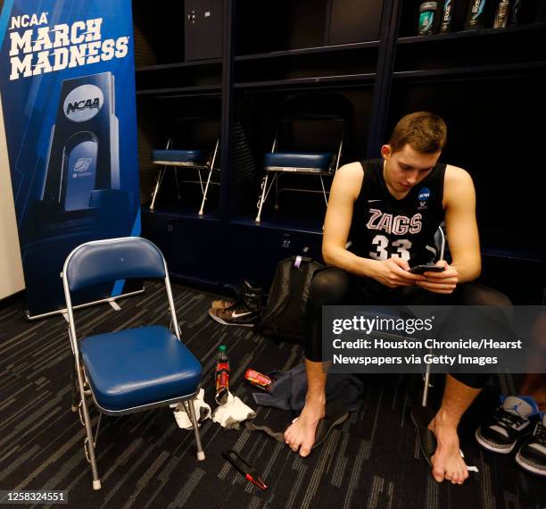 Gonzaga forward Kyle Wiltjer sits in the locker room after falling to Duke in the NCAA South Regional final on Sunday, March 29 in Houston.