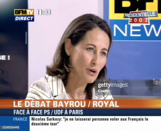 Videograb from the French BFM TV channel shows Socialist presidential candidate Segolene Royal during her debate with defeated centrist-wing...