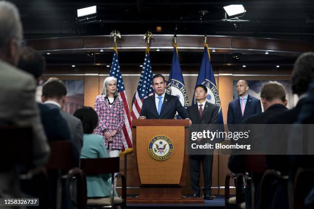 Representative Hakeem Jeffries, a Democrat from New York, from right, Representative Ted Lieu, a Democrat from California, Representative Pete...