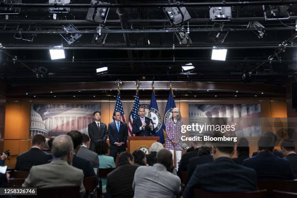 Representative Katherine Clark, a Democrat from Massachusetts, from right, Representative Hakeem Jeffries, a Democrat from New York, Representative...