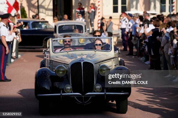 Princess Alexandra of Hanover , her partner Ben Sylvester Strautmann and Andrea Casiraghi ide in a vintage car during celebrations marking the birth...