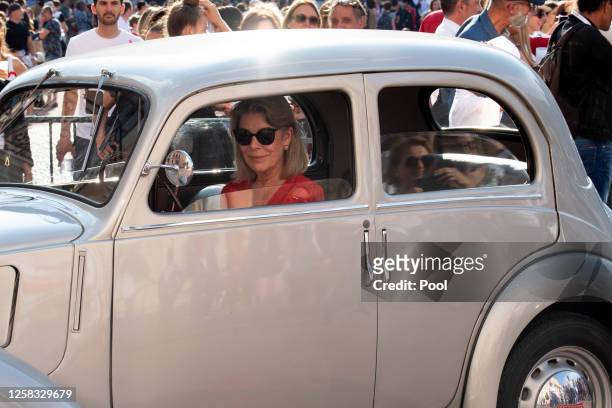 Princess Caroline of Hanover paraded in vintage cars as part of the celebrations to mark the birth of the late Rainer III, on May 31, 2023 in Monaco.