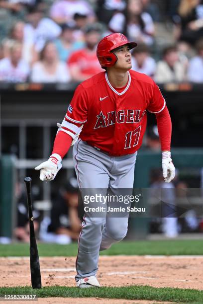 Shohei Ohtani of the Los Angeles Angels watches his two-run home run, his second of the game, sail over the right center wall in the fourth inning...