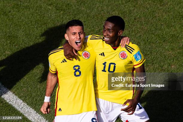 Yaser Asprilla of Colombia celebrates his goal with his teammate Gustavo Puerta during a FIFA U-20 World Cup Argentina 2023 Round of 16 match between...