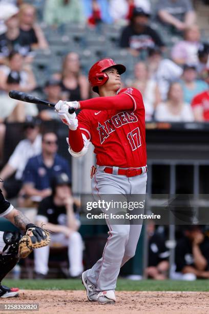 Los Angeles Angels designated hitter Shohei Ohtani hits a two-run home run in the fourth inning of an MLB game against the Chicago White Sox on May...