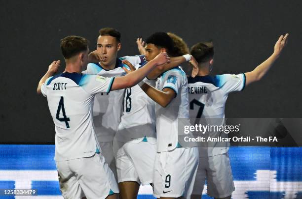 Alfie Devine of England celebrates with teammates after scoring the team's first goal during a FIFA U-20 World Cup Argentina 2023 Round of 16 match...