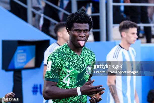 Daniel Daga of Nigeria enter the pitch prior to FIFA U-20 World Cup Argentina 2023 Round of 16 match between Argentina and Nigeria at Estadio San...