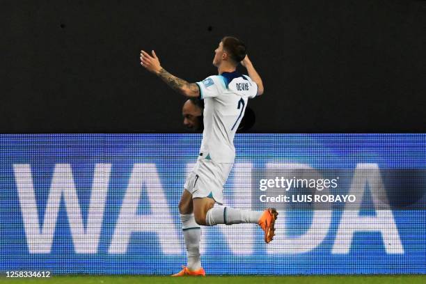 England's midfielder Alfie Devine celebrates after scoring his team's first goal during the Argentina 2023 U-20 World Cup round of 16 football match...